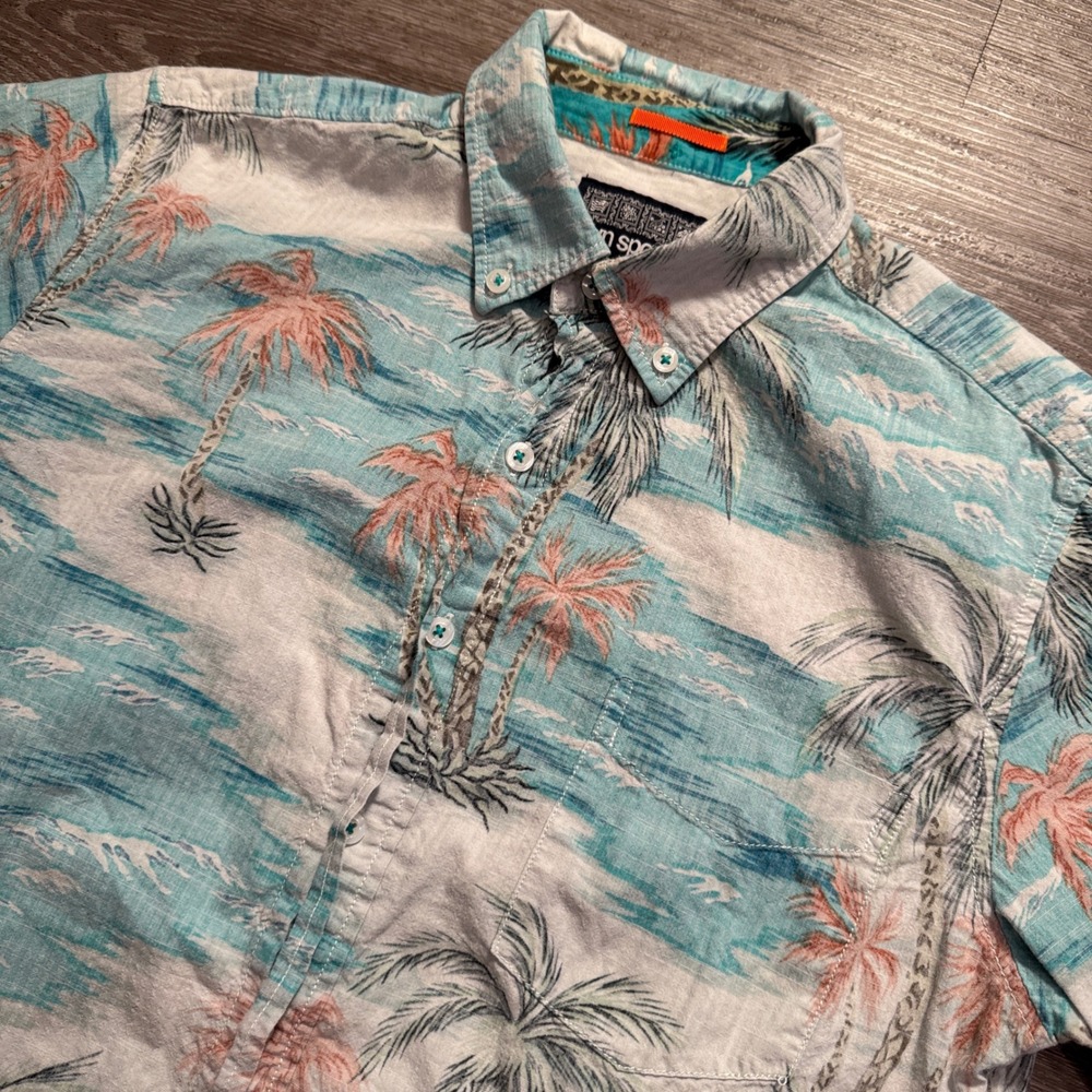 Reyn Spooner Shirt Mens S Blue Cotton Palm Tree Coastal Resort Vacation Hawaiian